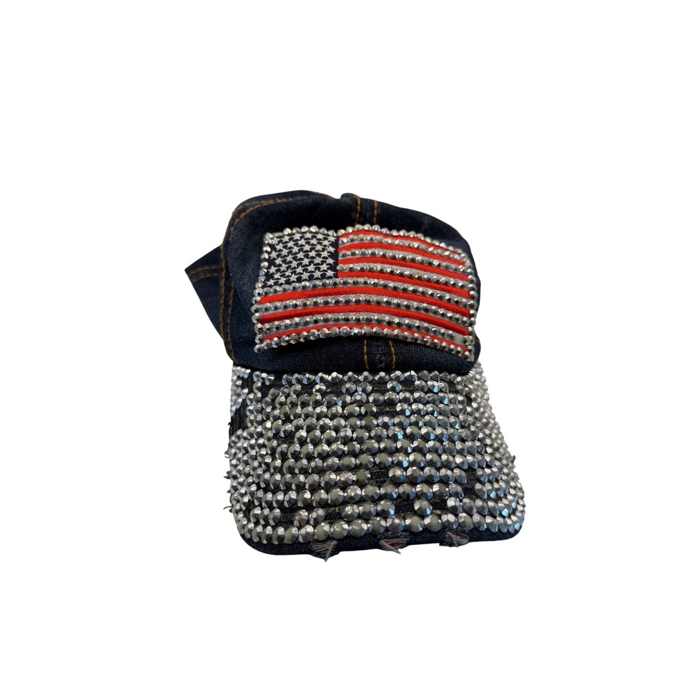 American Flag Rhinestone‎ Studded Denim Baseball Cap Patriotic Distressed Hat